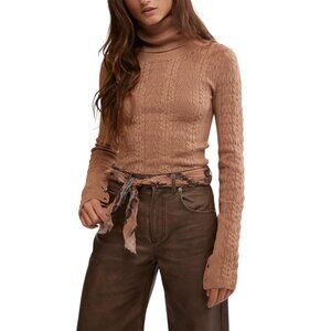 Free People Women's Maddie Long Sleeve Turtleneck Shirt | Cafe Latte | Size L